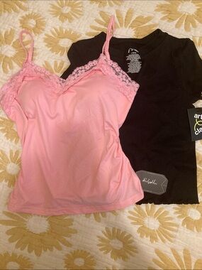 ( SPECIAL OFFER TWO) cute, aesthetic, ruffled black top, and pink laced Cami